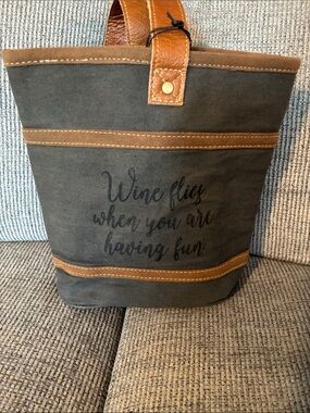 Myra Bag Canvas Tote with Brown Leather Wine flies when having fun bag NWT